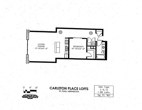 Floor plan for 1 bed, 1 bath, 967 sqft